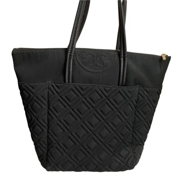 Tory Burch black nylon leather quilted zipper tote bag